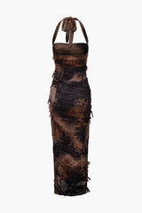 Neckholder-Maxikleid mit Schlitz und Distressed-Mesh in Batikoptik 