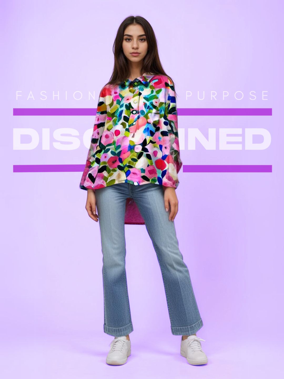 Camisa fluida de manga larga para mujer con colorido estampado floral primaveral