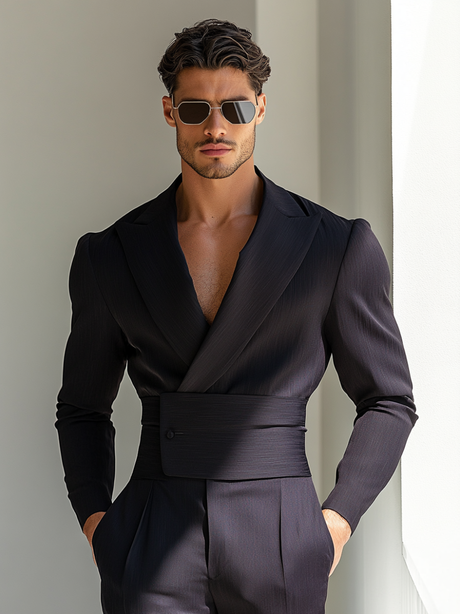 Elegante mono negro de algodón y lino con cintura acolchada para hombre