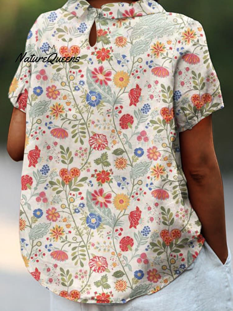 Camisa de mujer de algodón y lino con estampado floral pastoral