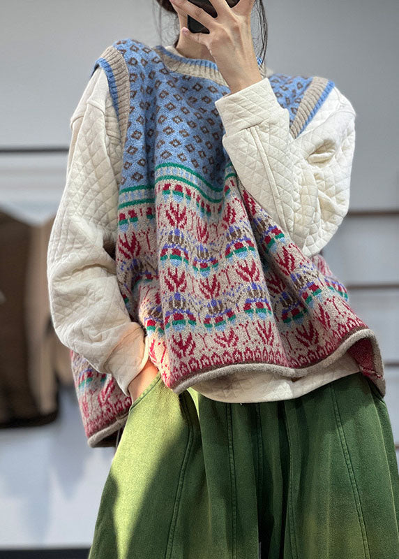 Gilet tricoté bleu sans manches oversize à imprimé bleu dans la boutique