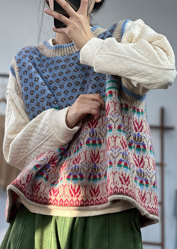 Gilet tricoté bleu sans manches oversize à imprimé bleu dans la boutique