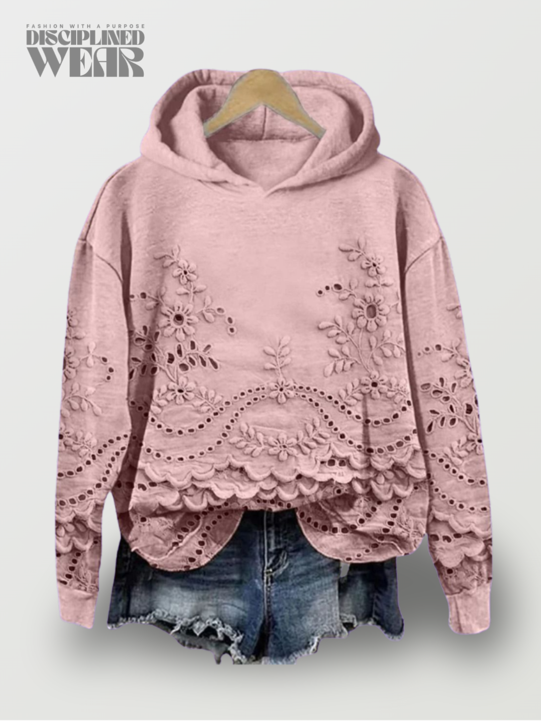 Hoodie Acogedor con Bordado de Encaje Floral