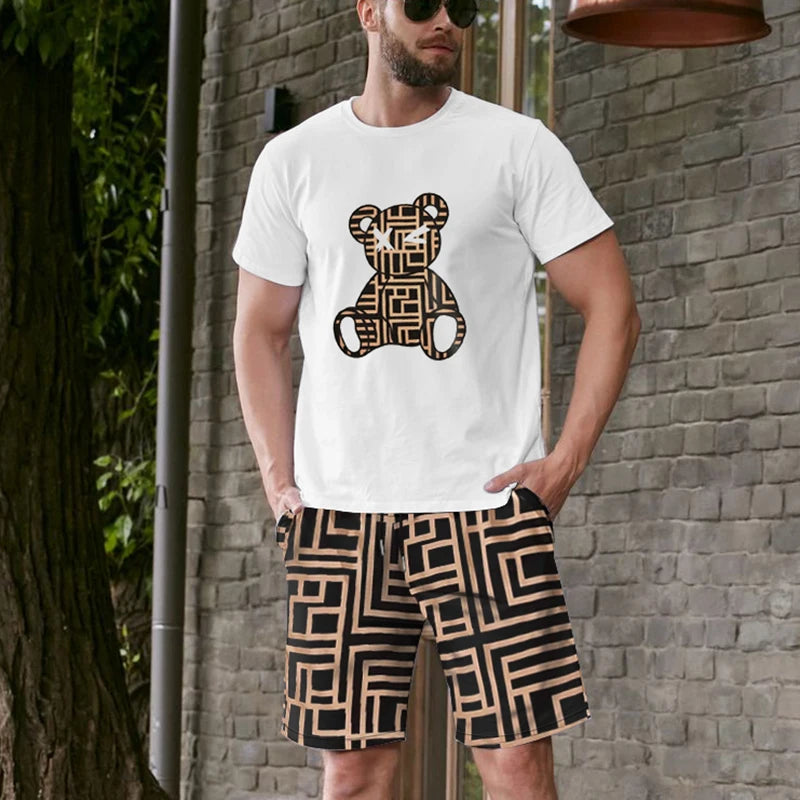 Neue Sommermode Herren Cartoon Bärendruck Gestricktes Hemd und Stoffshorts Anzug Casual Täglich Licht Luxus Design Kleidung