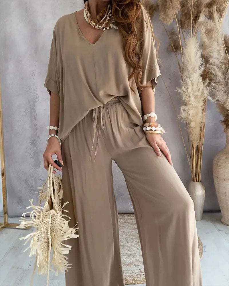 Casual Loose Home wear Conjuntos con Elegante Batwing y Pantalones con Cuello en V