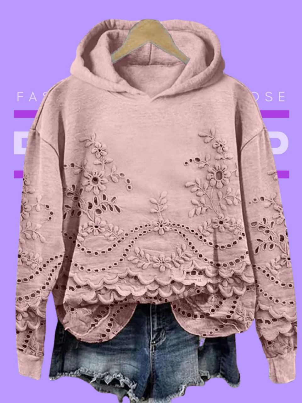 Hoodie Acogedor con Bordado de Encaje Floral