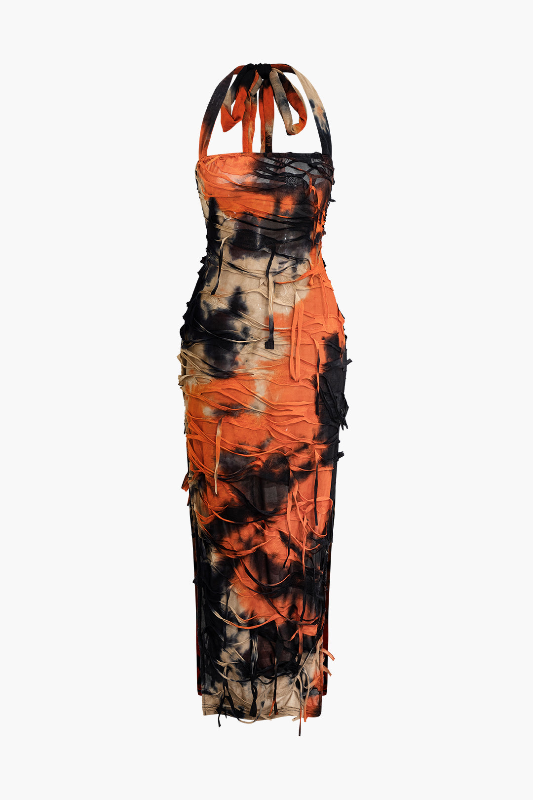 Tie dye maxi vestido con abertura halter y malla desgastada