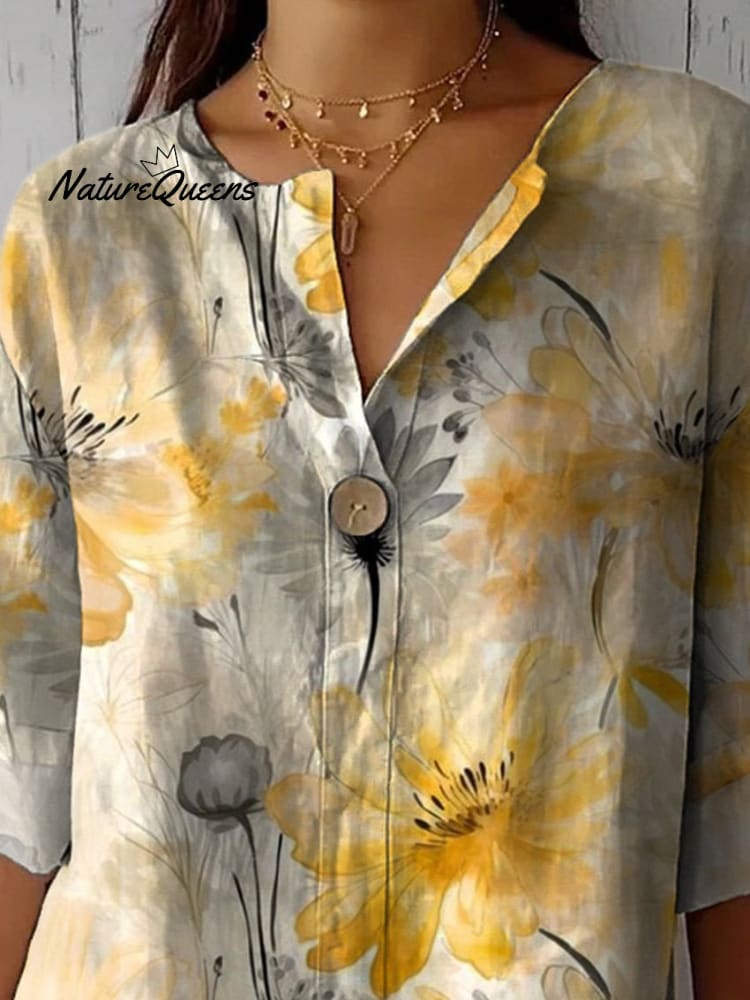 Camisa casual de algodón y lino, diseño floral en acuarela, verano, para mujer