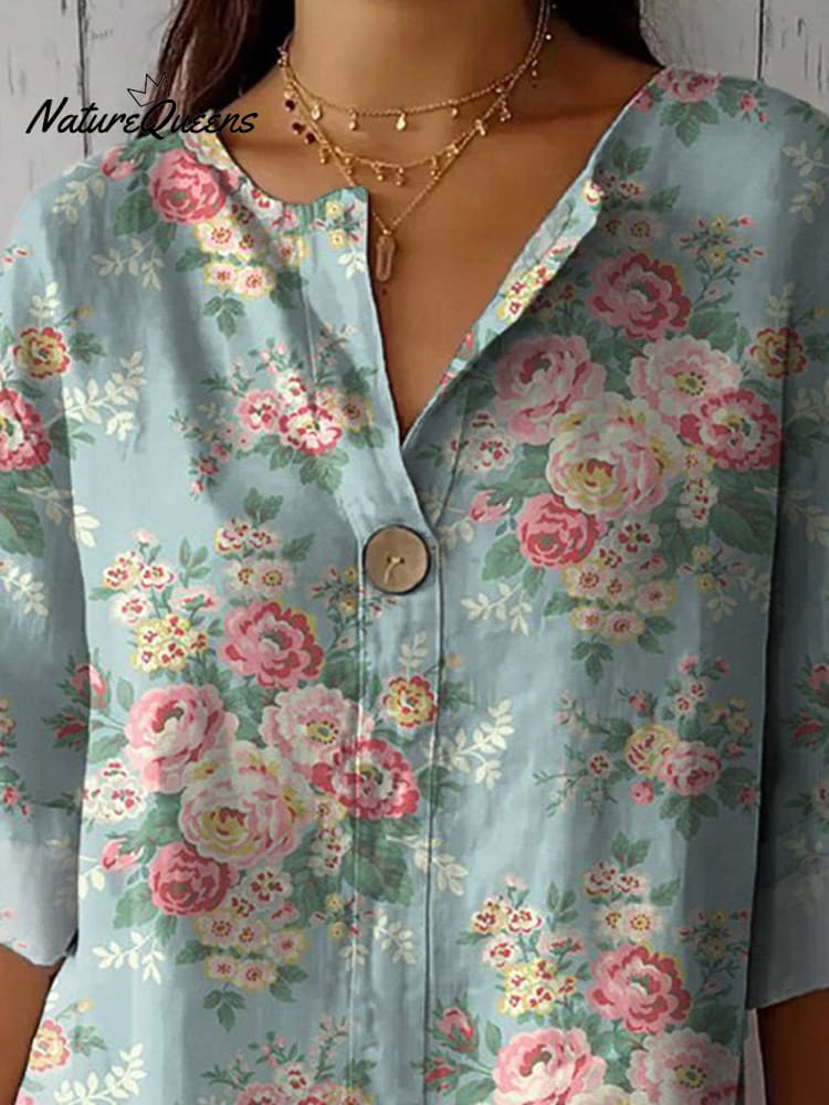 Chemise femme style rétro en coton et lin imprimé roses