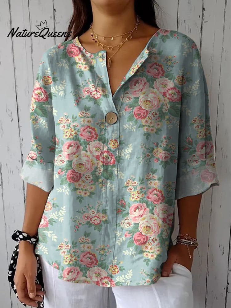 Chemise femme style rétro en coton et lin imprimé roses