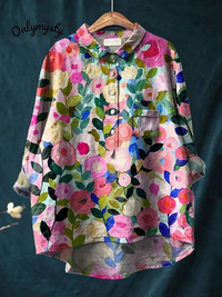 Camisa fluida de manga larga para mujer con colorido estampado floral primaveral