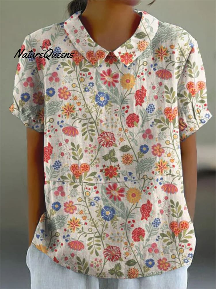 Camisa de mujer de algodón y lino con estampado floral pastoral