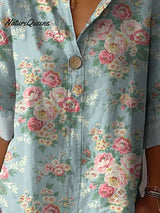 Camisa de mujer de estilo retro en algodón y lino con estampado de rosas