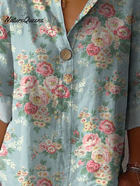 Chemise femme style rétro en coton et lin imprimé roses