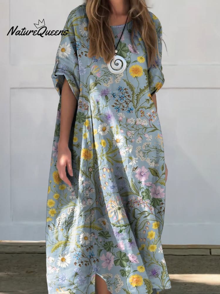 Geknöpftes Damenkleid aus Leinen und Baumwolle im Vintage-Stil mit realistischem Aufdruck aus Blumenmotiven